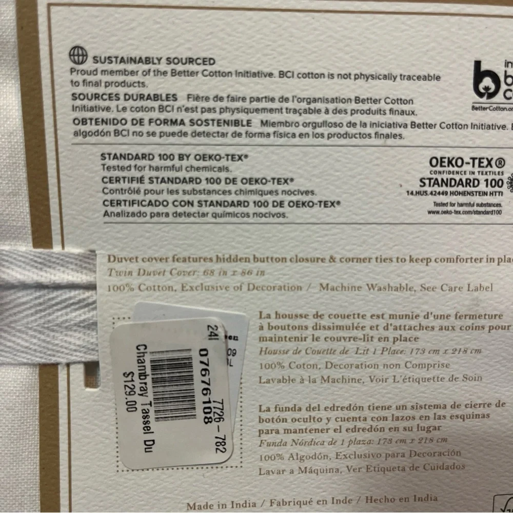Pottery Barn Teen Kids Chambray Border Tassel Duvet Cover Twin White NWT $129